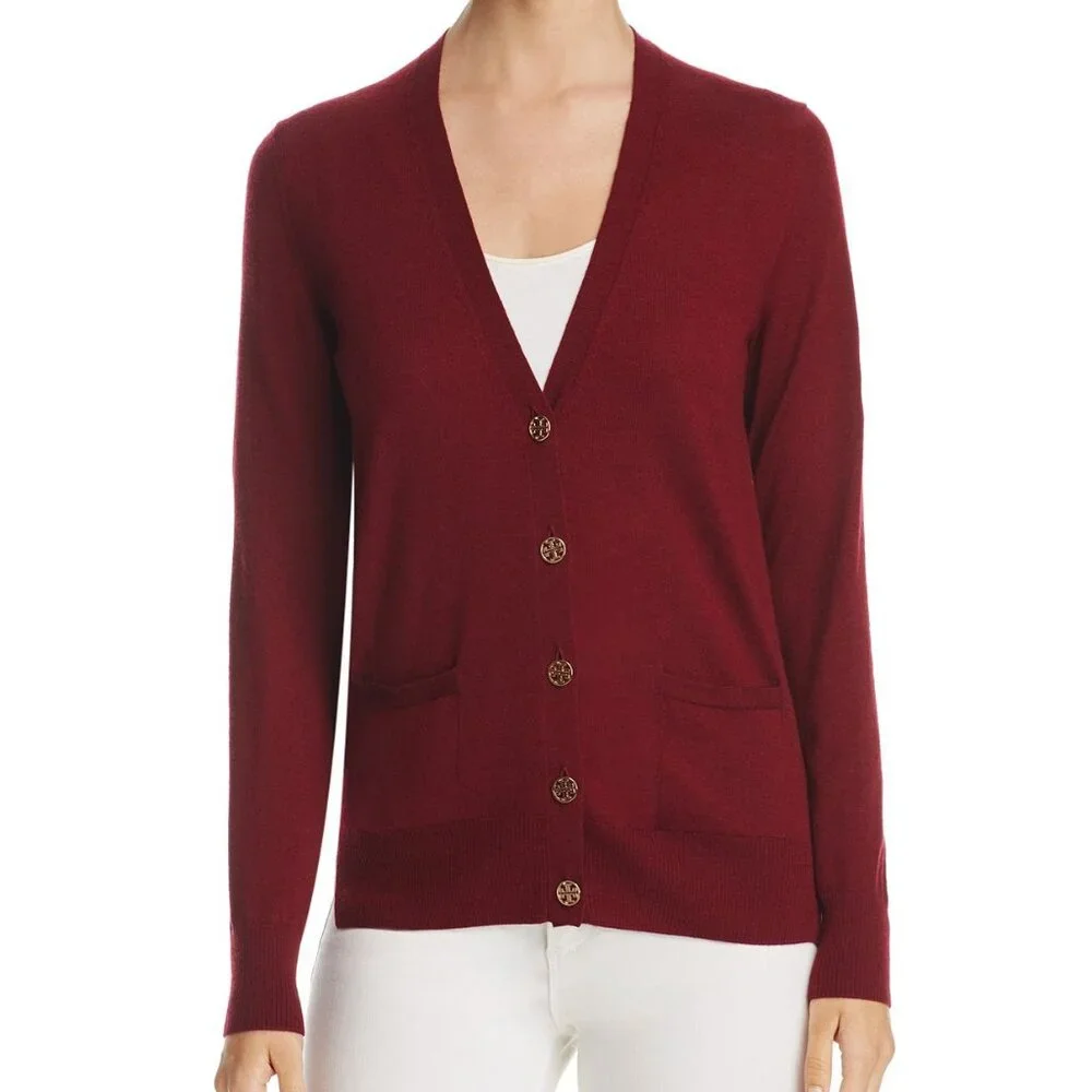 NWT Tory Burch Madeline 100% Merino Wool Cardigan Garnet Red‎ Logo Button XS